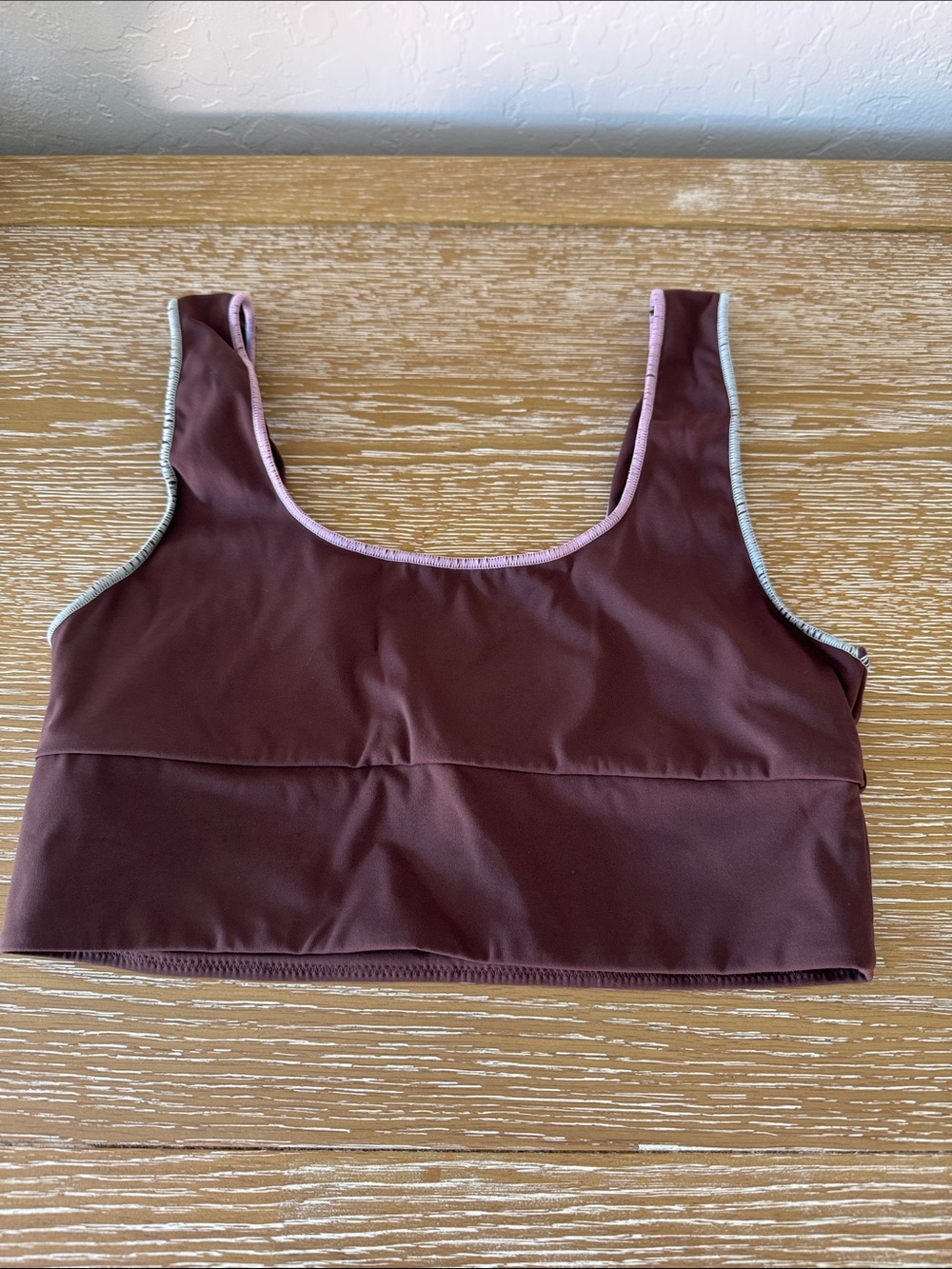 Anthropologie It’s Now Cool - Brown Sports Bra with Pale Pink/Blue Trim